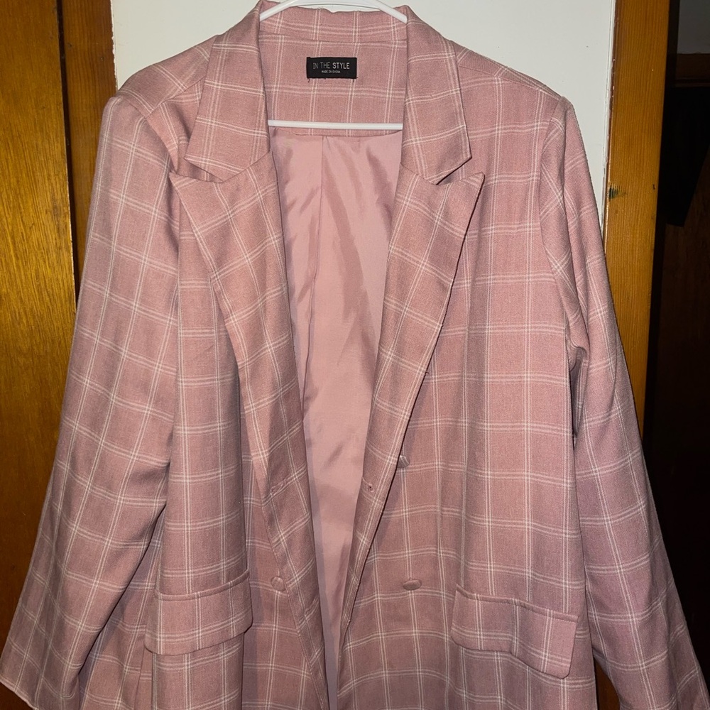 Source Unknown Pink Blazer with Plaid Pattern